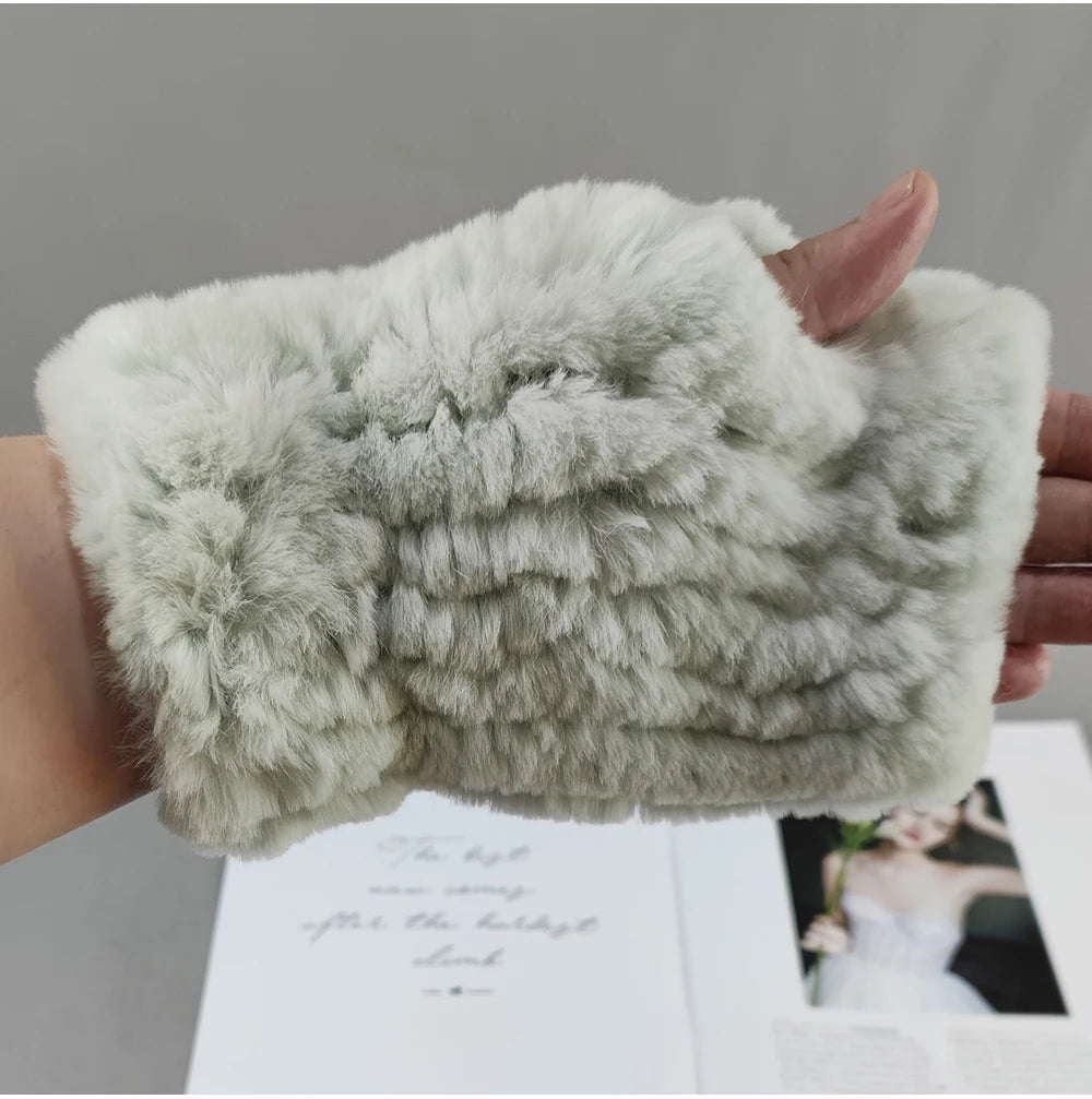 New Arrival Women Knit Fur Mitten Girls 100% Real Genuine Knitted Rex Rabbit Fur Mittens Winter Warm Real Fur Fingerless Gloves