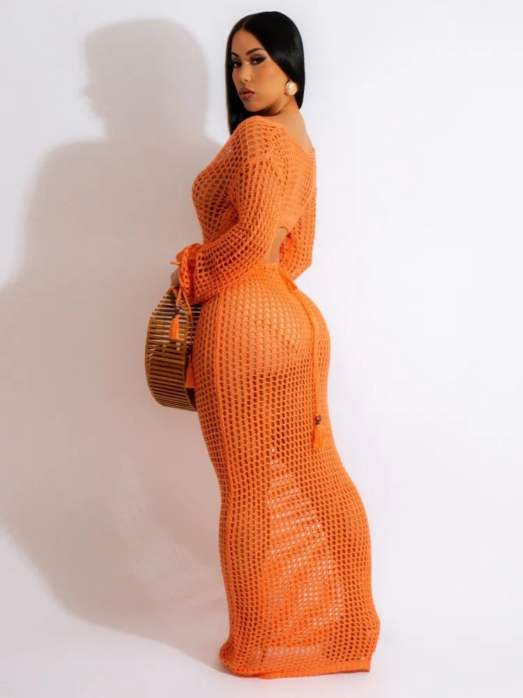 JRRY Sexy Women Crocheted Dresses Tassels Crochet Dress Cover Ups Hollow Out Knitted Beach Swimsuits