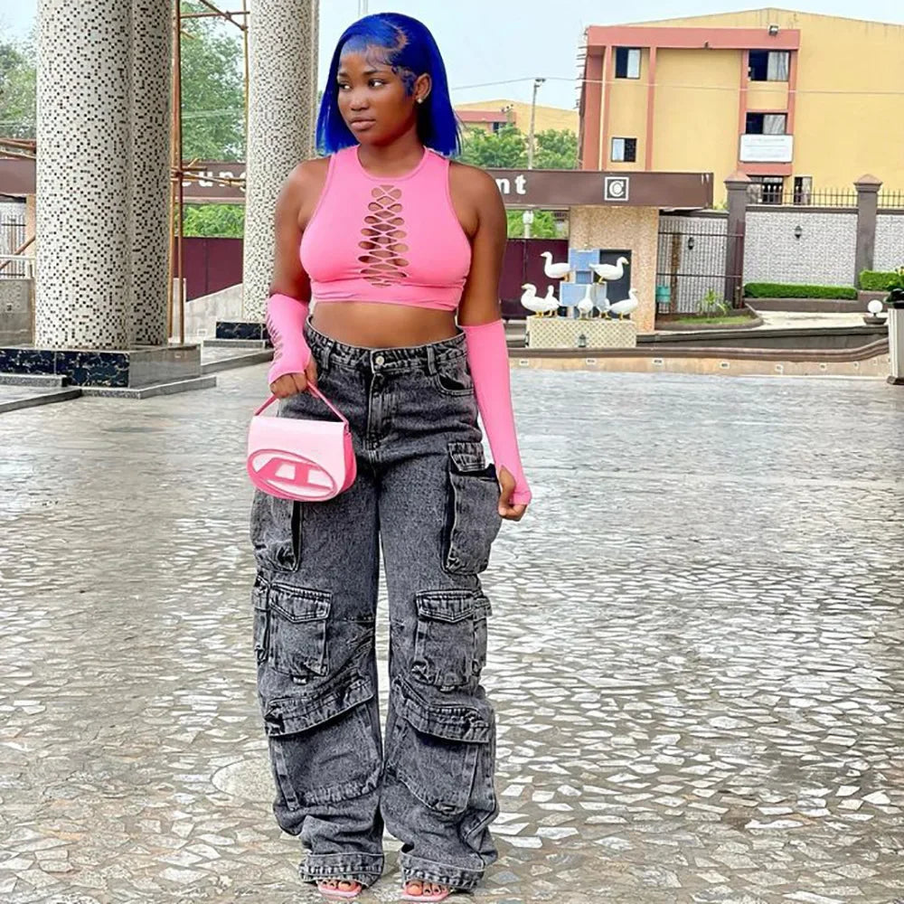 Solid Casual Baggy Cargo Pants for Women Youthful Female Trousers Multi-pocket Fashion Vintage Women's High Waist Wide Pants