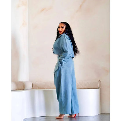 Casual Loose Denim Two Piece Set for Women Streetwear 2023 Autumn Zipper High Collar Crop Top Elastic Waist Wide Leg Cargo Pants