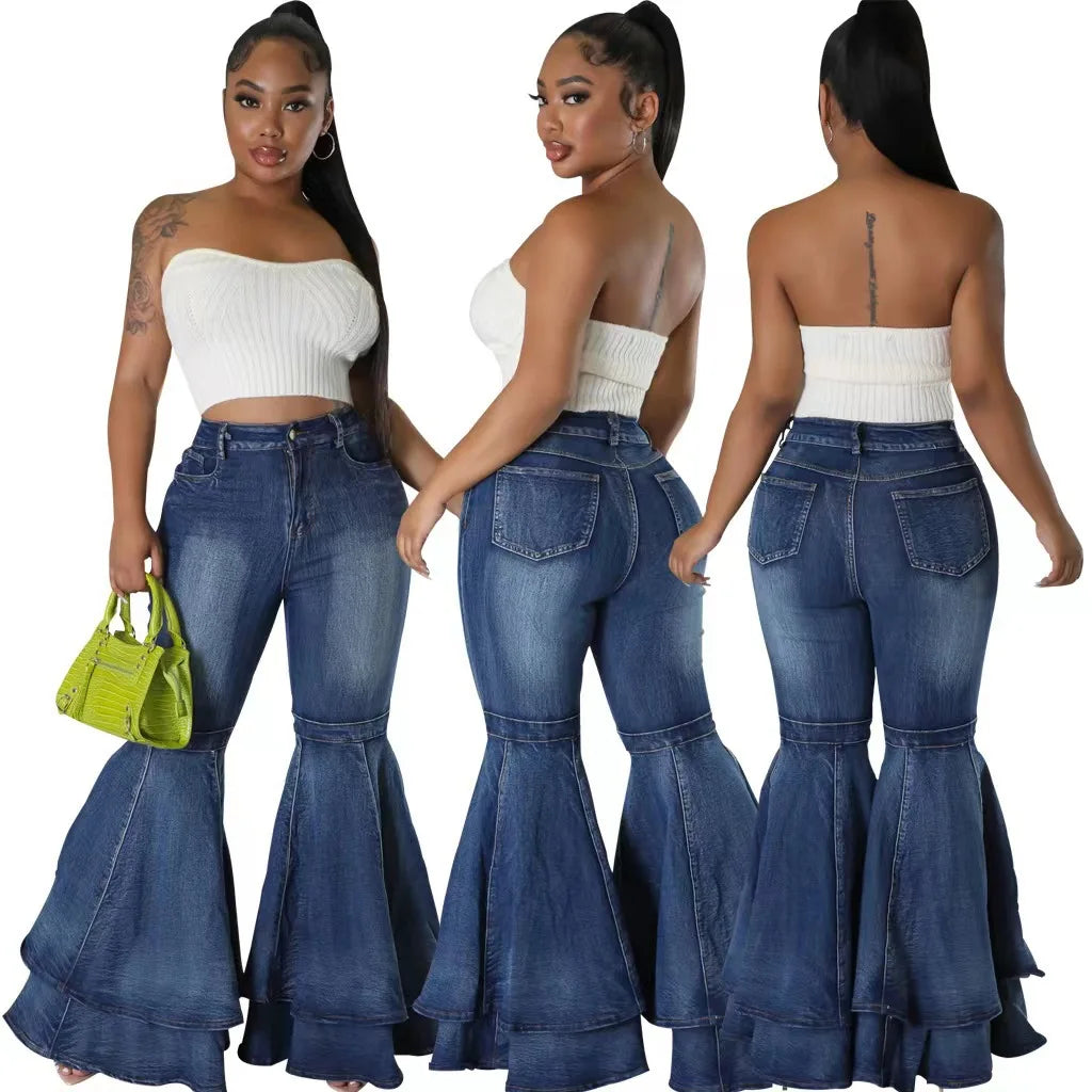Fashion Versatile Wide Leg Washed Denim Stretch Flared Pants Women