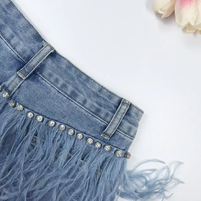 Rhinestone Beaded Exquisite Feather High Waist Denim for Women's Blue Jeans Shorts DS Nightclub Sexy Hot Pants Fashion