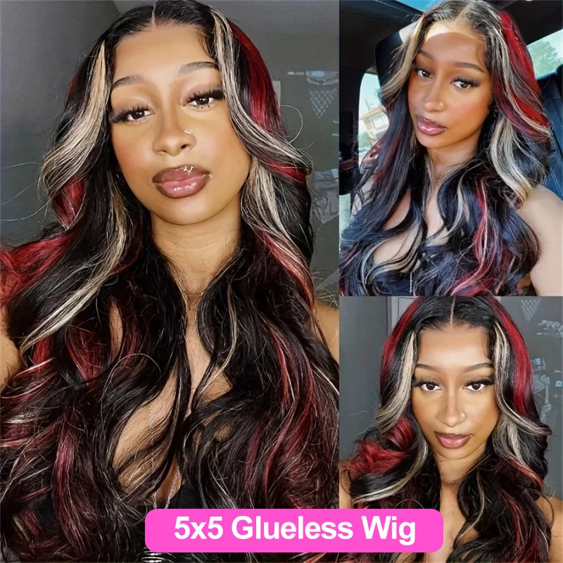 1B/27/Red With Black Blonde Highlight Wig 30 Inch 5x5 Glueless Body Wave Colored Wear And Go Wigs 180 Density Human Hair Wigs