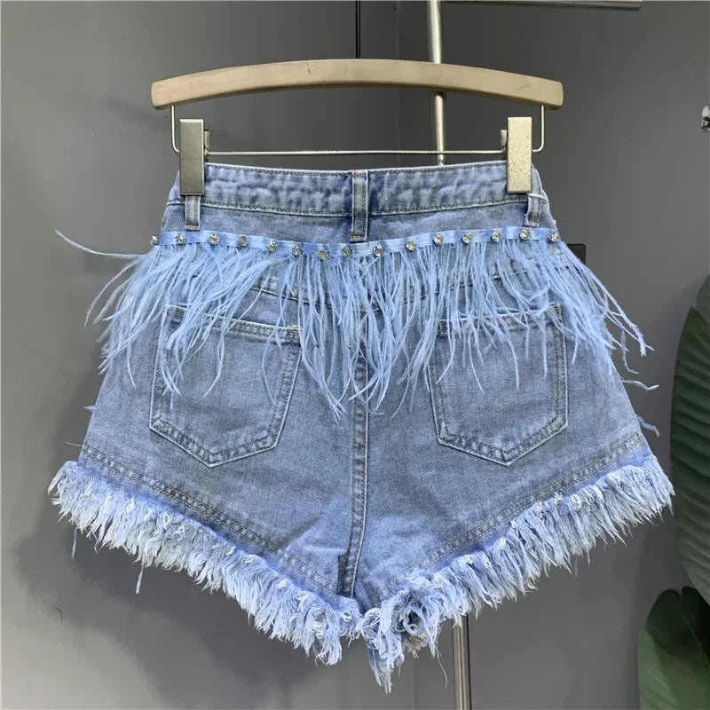 2025 Summer New Personalized Tassel Inlaid Diamond Wash Light Blue Denim Shorts Women's Streetwear Fashion Short Hot Pants