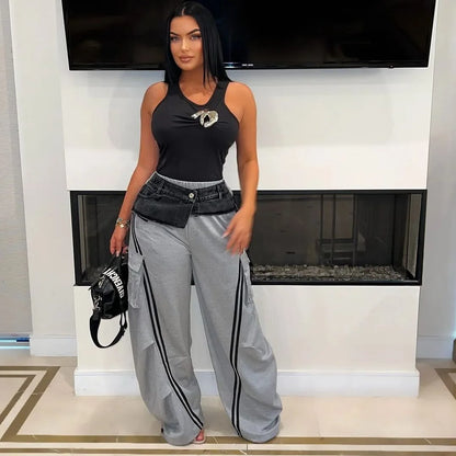 CM.YAYA Fashion Women Denim Patchwork Pocket Side Wide Leg Loose Jogger Pants 2024 Active Jean Splicing Sweatpants Trousers