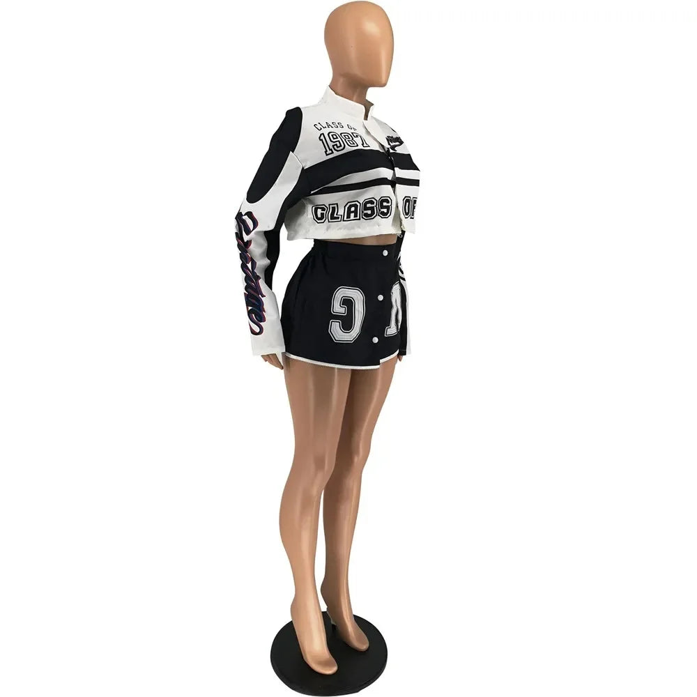 HLJ Letter Print Two Piece Outfits 2023 Autumn Winter Casual Sporty Baseball Coat Skirts Suits Detachable Buttons Y2k Streetwear