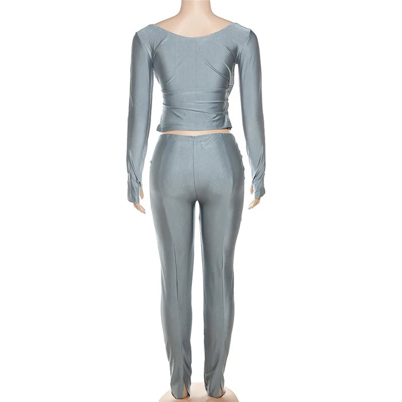 Simenual Casual Skinny Women Two Piece Set Sexy Deep V Crop Tops High Waist Pants Cyber Y2K Outfits Slim Co Ord Suits Streetwear