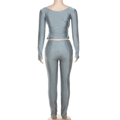 Simenual Casual Skinny Women Two Piece Set Sexy Deep V Crop Tops High Waist Pants Cyber Y2K Outfits Slim Co Ord Suits Streetwear