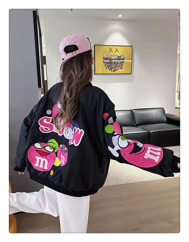 Cross-border Cartoon Embroidery Baseball Jacket For Men Women Casual Loose Fit Hip Hop Top Spring Autumn Letter Couple Jacket