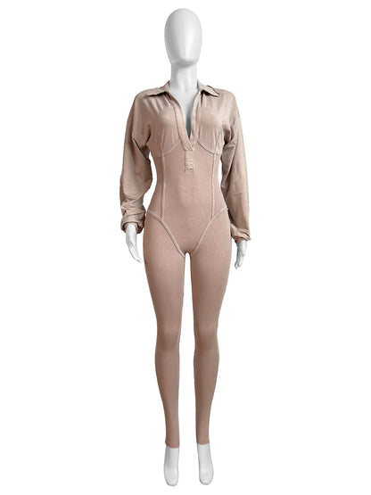 Women's Clothing 2025 Spring Summer New Fashion Bubble Sleeves Sexy Deep V Tight Waist Casual Long Sleeved Jumpsuit Pants