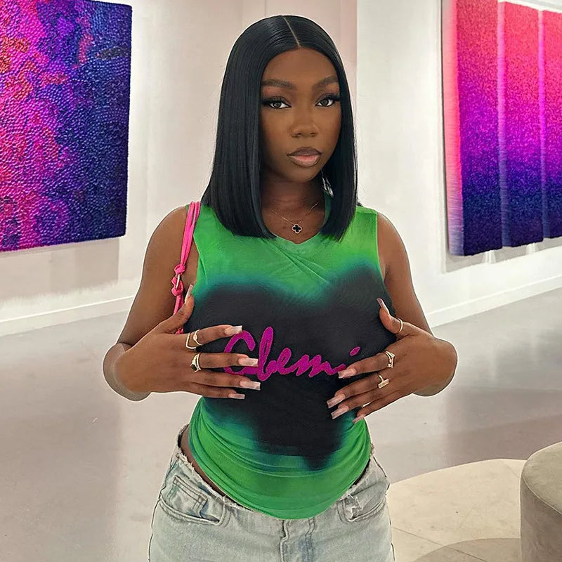 Simenual Fairy Grunge Tie Dye Printed Sleeveless Tank Top Sexy Mesh See Through Crop Tops Women Hot Club Vest Y2K Slim Clothing