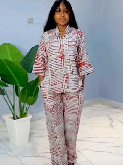 Two Piece Outfits Woman Summer Red Striped Slimming Shirt and Pants Set Woman Casual Clothing Set Wholesale Dropshipping