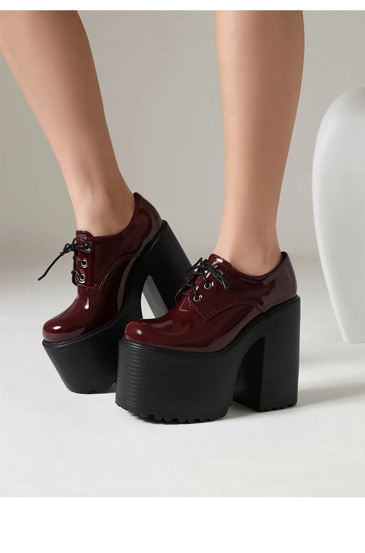 Ultra High Waterproof Platform Shiny Patent Leather Lace Up Women's Pumps Breathable Lining Thick Heels Punk Trendy High Heels