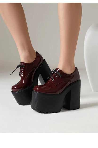 Ultra High Waterproof Platform Shiny Patent Leather Lace Up Women's Pumps Breathable Lining Thick Heels Punk Trendy High Heels
