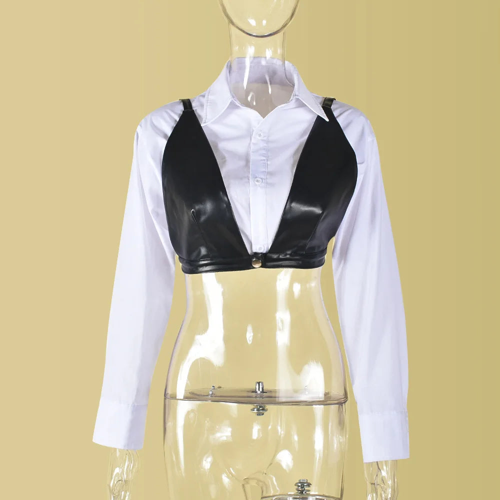Joskaa Casual Lapel Long Sleeve Single Breasted Slim Crop White Blouses with Black Pu Bra Matching 2024 Chic Tops Streetwear