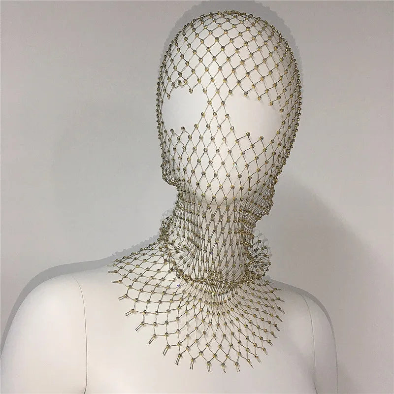 Women Balaclava Elastic Rhinestone Turban Ladies Shining Fishnet Headhood Club Rave Party Head Mask Diamond Headwrap Headcover