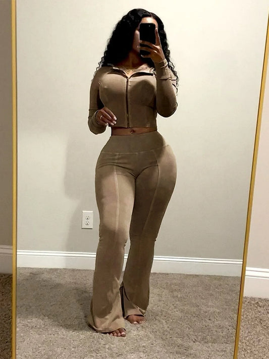 Weird Puss Distressed Women Two Piece Set Tracksuit Zip Hooded Jacket+Waistband Flare Pants Streetwear Matching Stripe Outfits
