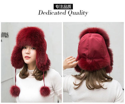 2025 100% Real Fox Fur Hats Women's Russian Ushanka Aviator Trapper Snow Skiing Hat Caps Earflap Winter Raccoon Fur Bomber Hat