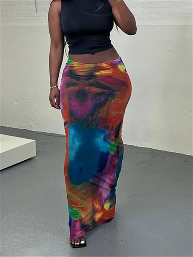 Simenual Harajuku Aesthetics Multi Printed High Waist Long Skirts Women Cyber Y2K Package Hip Skirt Chic Holiday Outfits Slim
