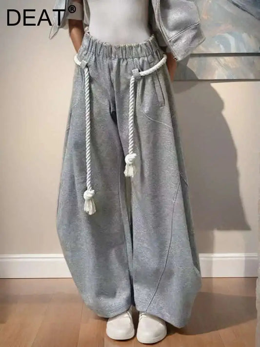DEAT Fashion New Women's Cotton Rope Design Casual Pants 2024 Autumn Trendy Elastic High Waist Wide Leg Trousers Female 33A1851