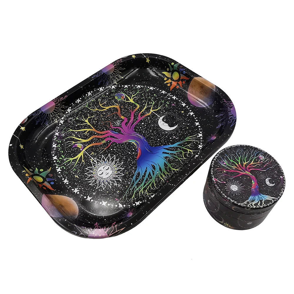 Herb Grinder With Rolling Tray 180*140MM Tobacco Smoke Roller 50MM Grinder 4 layers Kit Bear Ghost Print