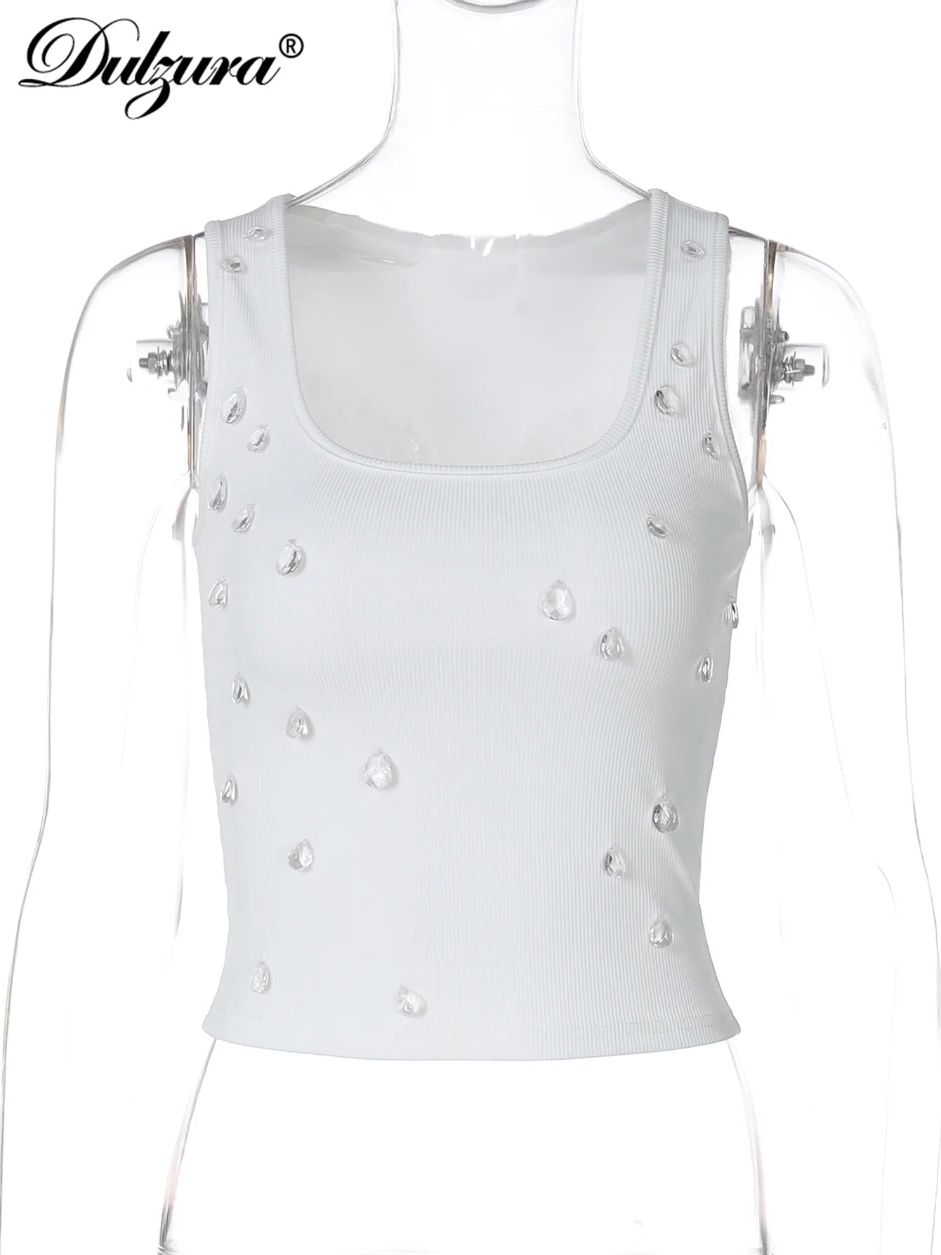 Dulzura Ribbed Sleeveless Water Droplets Diamond Decorated Tank Sexy Casual Bodycon Top Party Club Streetwear Spring Summer