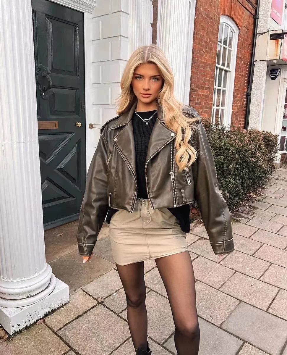 RARF Women's new vintage wash to do old short lapel long sleeve loose pu imitation leather jacket coat