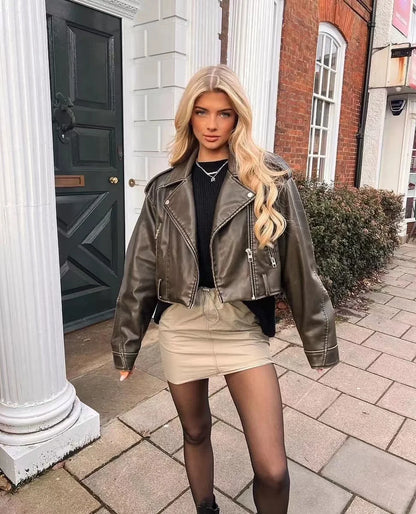 RARF Women's new vintage wash to do old short lapel long sleeve loose pu imitation leather jacket coat