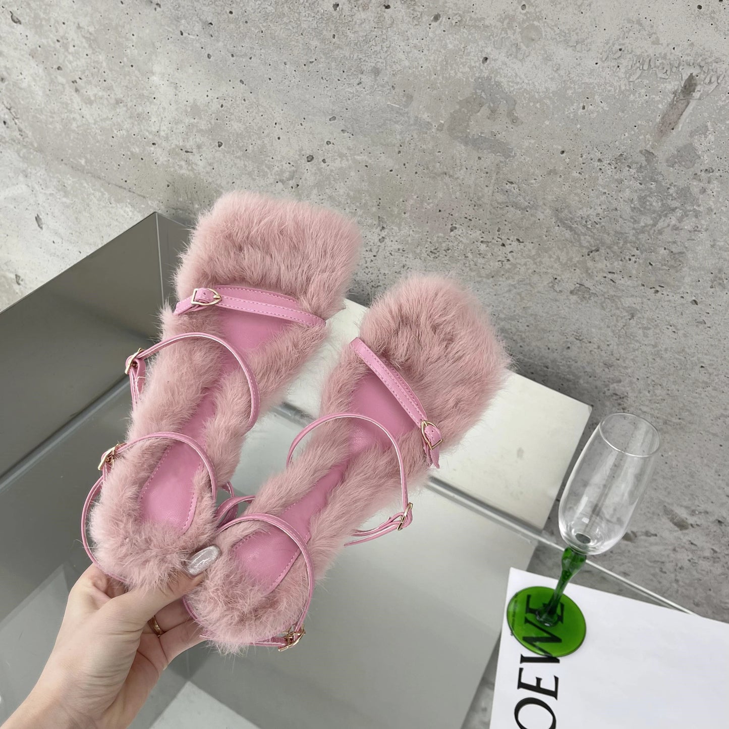 Eilyken 2025 New Brand Plush Fur Fuzzy Sandals Women Thin Heels Fashion Square Toe Ankle Lace Up Buckle Strap Slides Shoes
