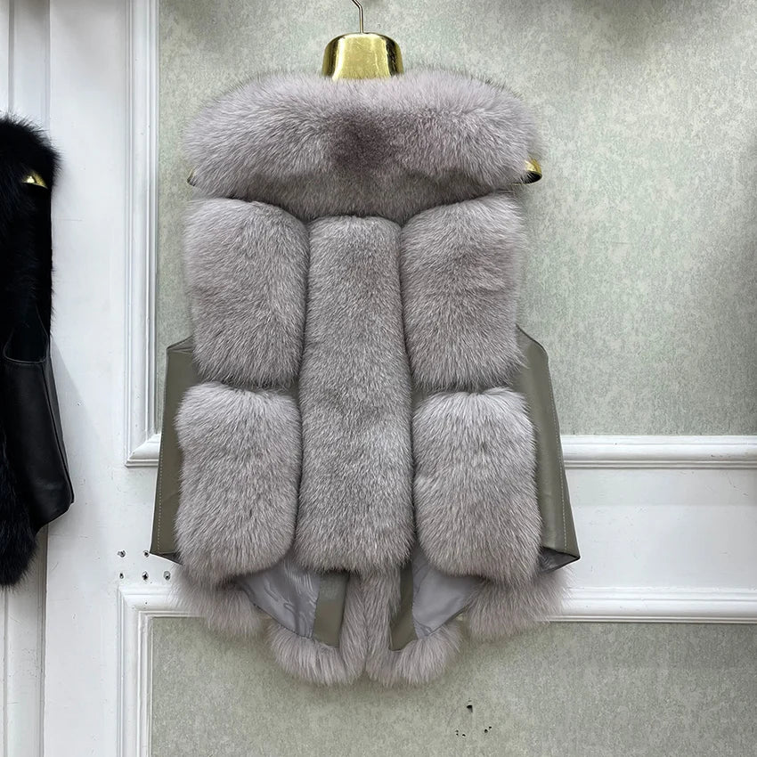 2024 New Autumn Winter Warm Women's Coat Natural Real Fox Fur Vest Thick Mid Length Waistcoat Luxury Female Jacket Streetwear