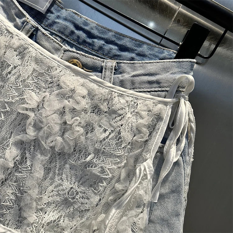 Ruffle Leaf Edge Irregular Curtain Skirt Sweet A Line Skirt Lace Splicing Denim Shorts Street Hipster Denim Shorts Women