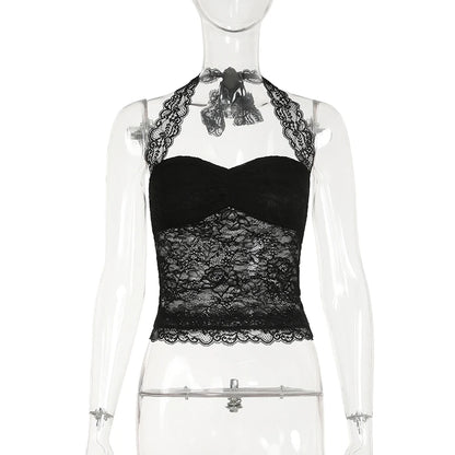 Cuteandpsycho Sexy Lace Patchwork Y2K Camisoles Backless Transparent Slim Outfits Party 90s Vintage Clubwear Halter Neck Tops
