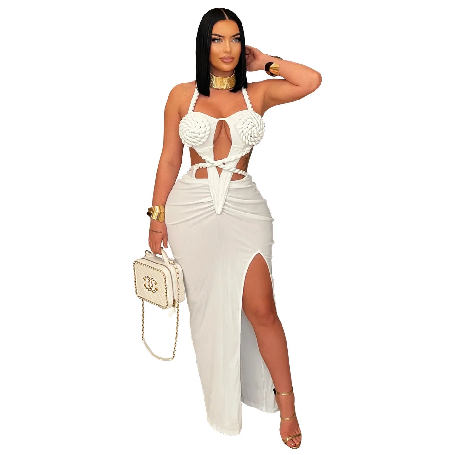 CM.YAYA Women Hemp Rope Halter Neck Stacked Ruched High Split Knit Bodycon Midi Maxi Long Dress 2025 Birthday Sexy Party Dresses