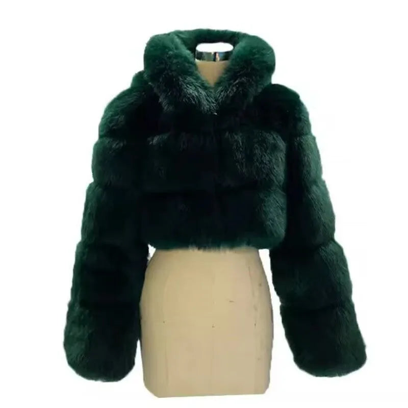 S-6XL Women Coat Autumn Winter Short Hooded Faux Fox Fur Coat Thick Warm Outerwear Fake Fur Woman Jackets Ladies Furry Coats