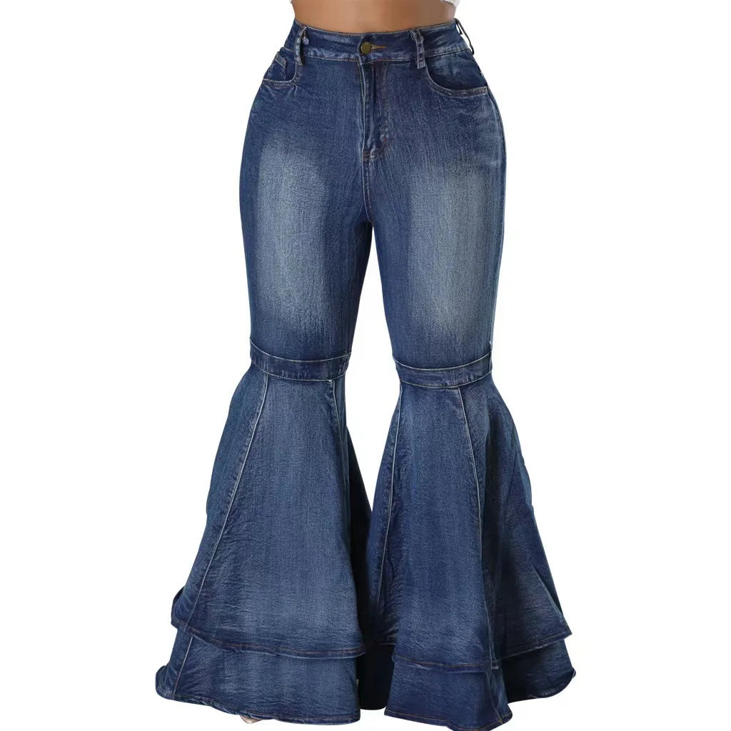 Fashion Versatile Wide Leg Washed Denim Stretch Flared Pants Women