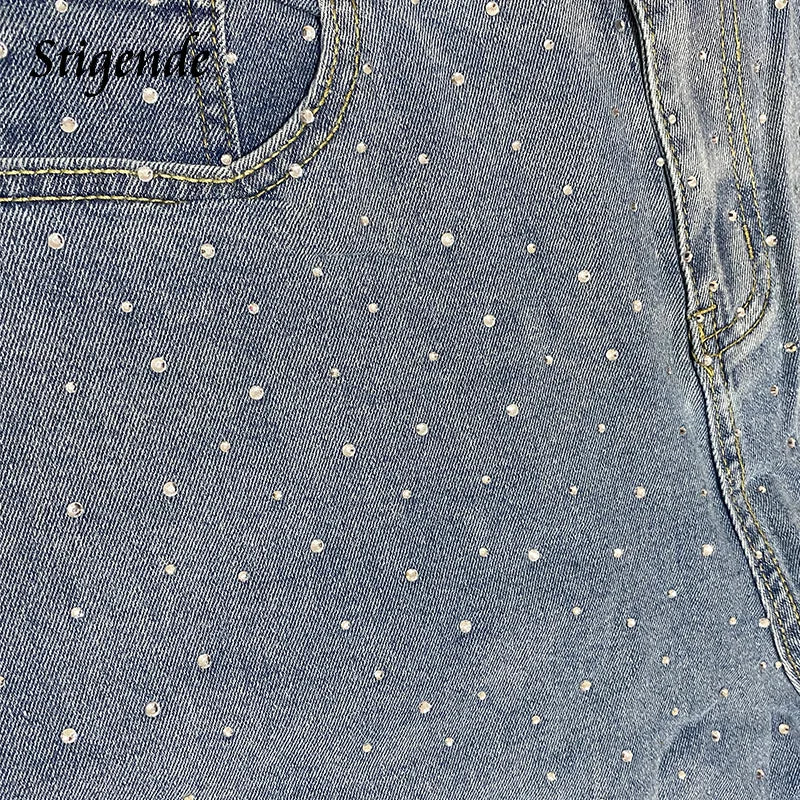 Stigende Women Sexy Rhinestone Denim Shorts with Belt Wide Leg Sequin Short Jeans
