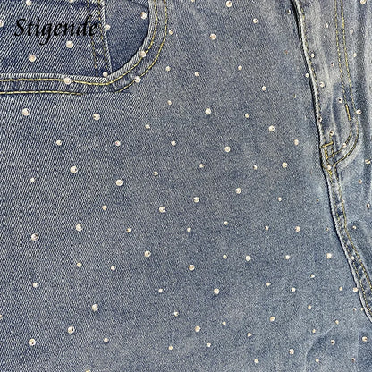 Stigende Women Sexy Rhinestone Denim Shorts with Belt Wide Leg Sequin Short Jeans