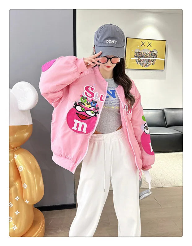 Cross-border Cartoon Embroidery Baseball Jacket For Men Women Casual Loose Fit Hip Hop Top Spring Autumn Letter Couple Jacket