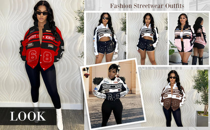 HLJ Letter Print Two Piece Outfits 2023 Autumn Winter Casual Sporty Baseball Coat Skirts Suits Detachable Buttons Y2k Streetwear