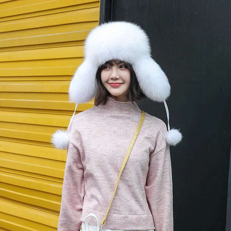 2025 100% Real Fox Fur Hats Women's Russian Ushanka Aviator Trapper Snow Skiing Hat Caps Earflap Winter Raccoon Fur Bomber Hat