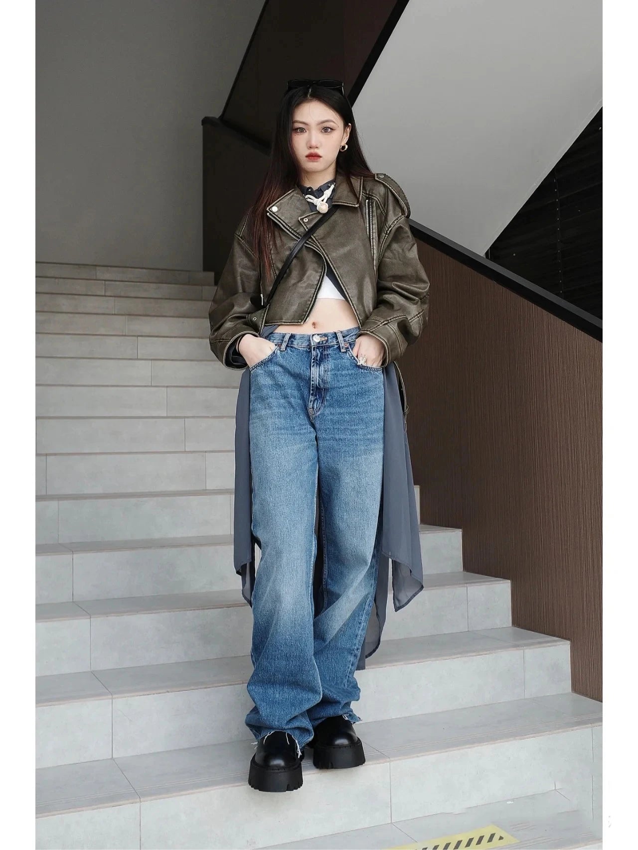 RARF Women's new vintage wash to do old short lapel long sleeve loose pu imitation leather jacket coat