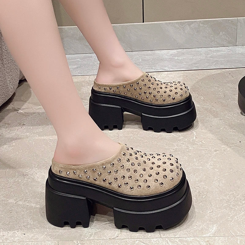 10CM New Rivet Platform Women Slippers Fashion Chunky High Heeled Sandals Comfort Roma Style Round Toe Slide Mule Shoes Summer