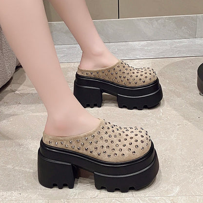 10CM New Rivet Platform Women Slippers Fashion Chunky High Heeled Sandals Comfort Roma Style Round Toe Slide Mule Shoes Summer