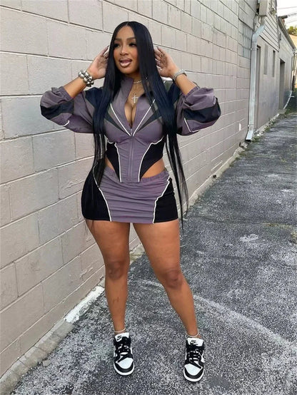 FLARORA Fashion Patchwork 2Pcs Sets Woman Long Sleeve Zipper Irregular Crop Jacket And Skinny Mini Skirts Streetwear Outfits New