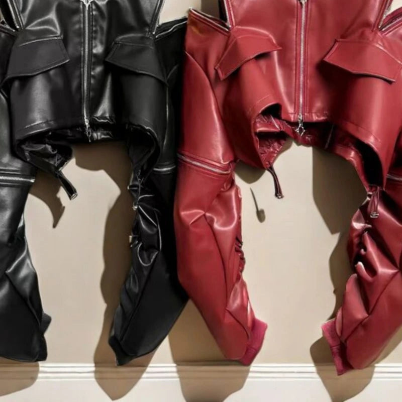2025 Y2k Aesthetic PU Leather Jacket Womens Streetwear Pleated Grunge Solid Jackets Loose Harajuku Zipper Female Punk Crop Coat