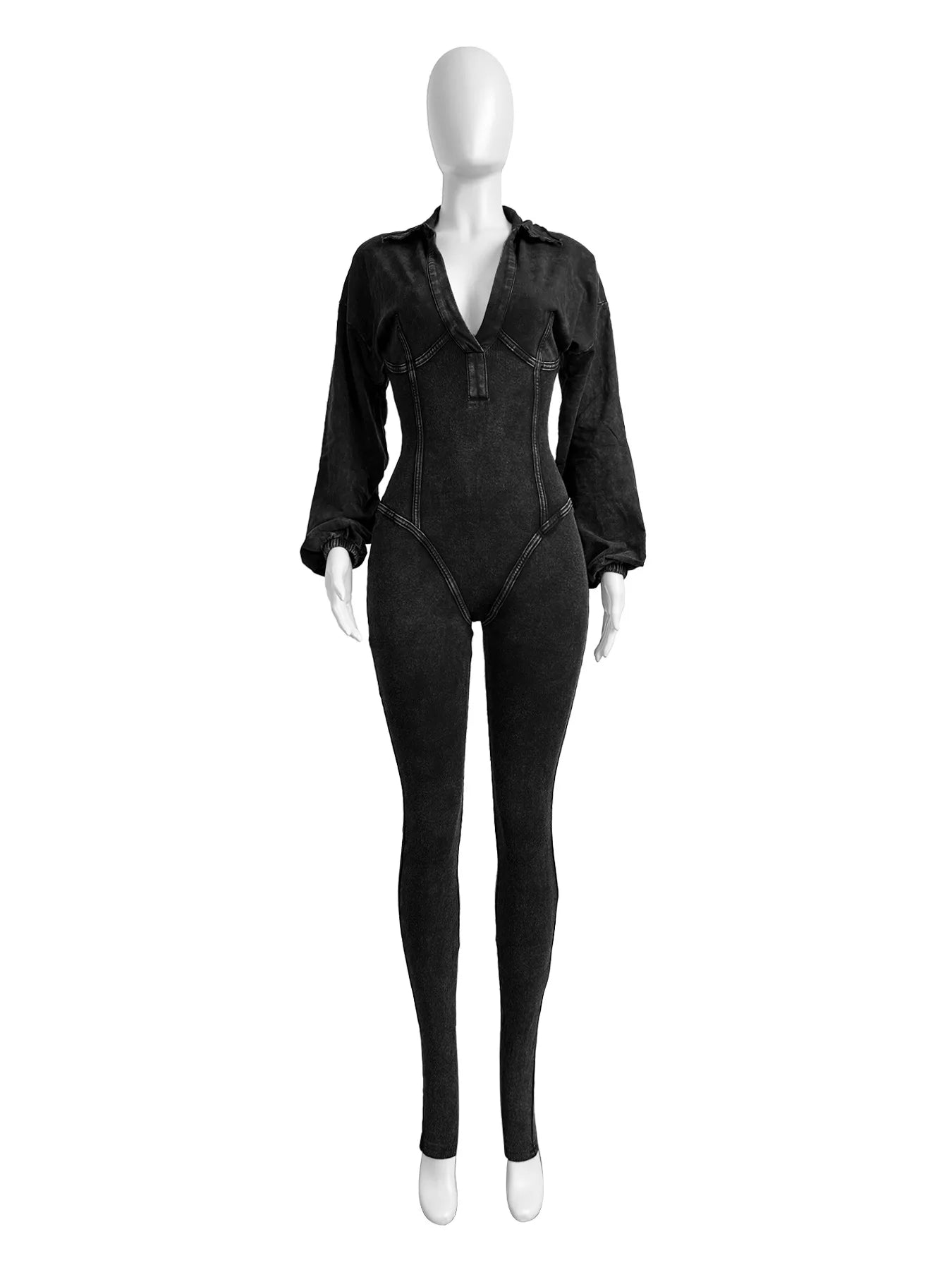 Women's Clothing 2025 Spring Summer New Fashion Bubble Sleeves Sexy Deep V Tight Waist Casual Long Sleeved Jumpsuit Pants
