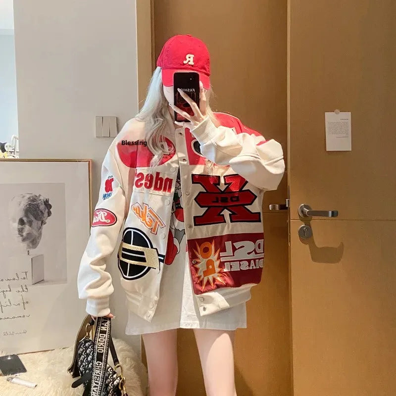 Cross-border Cartoon Embroidery Baseball Jacket For Men Women Casual Loose Fit Hip Hop Top Spring Autumn Letter Couple Jacket