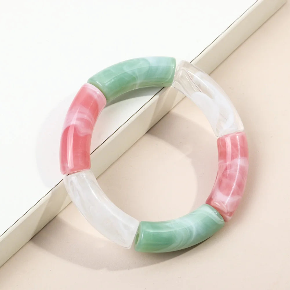 FishSheep Trendy Acrylic Stacked Bamboo Beads Bangles Bracelets for Women Bohemian Resin Elastic Beaded Bracelets Set Jewelry