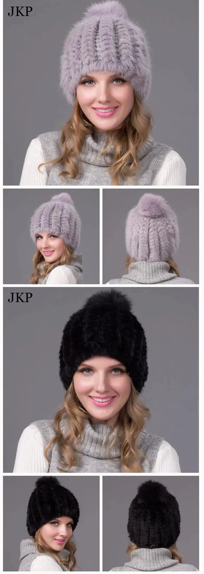2024 New Genuine Mink Fur Hat Fashion Winter Warm Ball Caps With Copious Female Beanie Knit Cap and Liner 6 Colors BZ-11