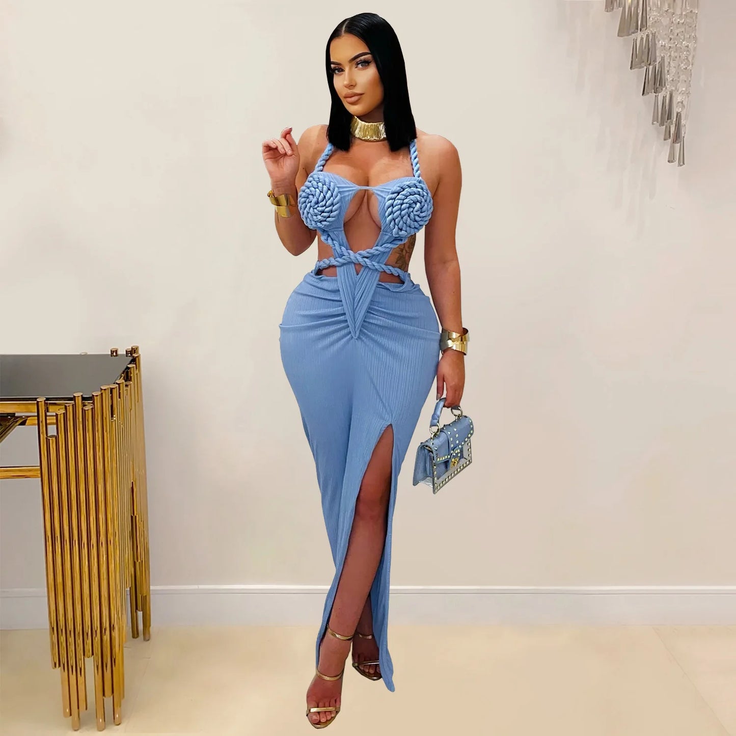 CM.YAYA Women Hemp Rope Halter Neck Stacked Ruched High Split Knit Bodycon Midi Maxi Long Dress 2025 Birthday Sexy Party Dresses